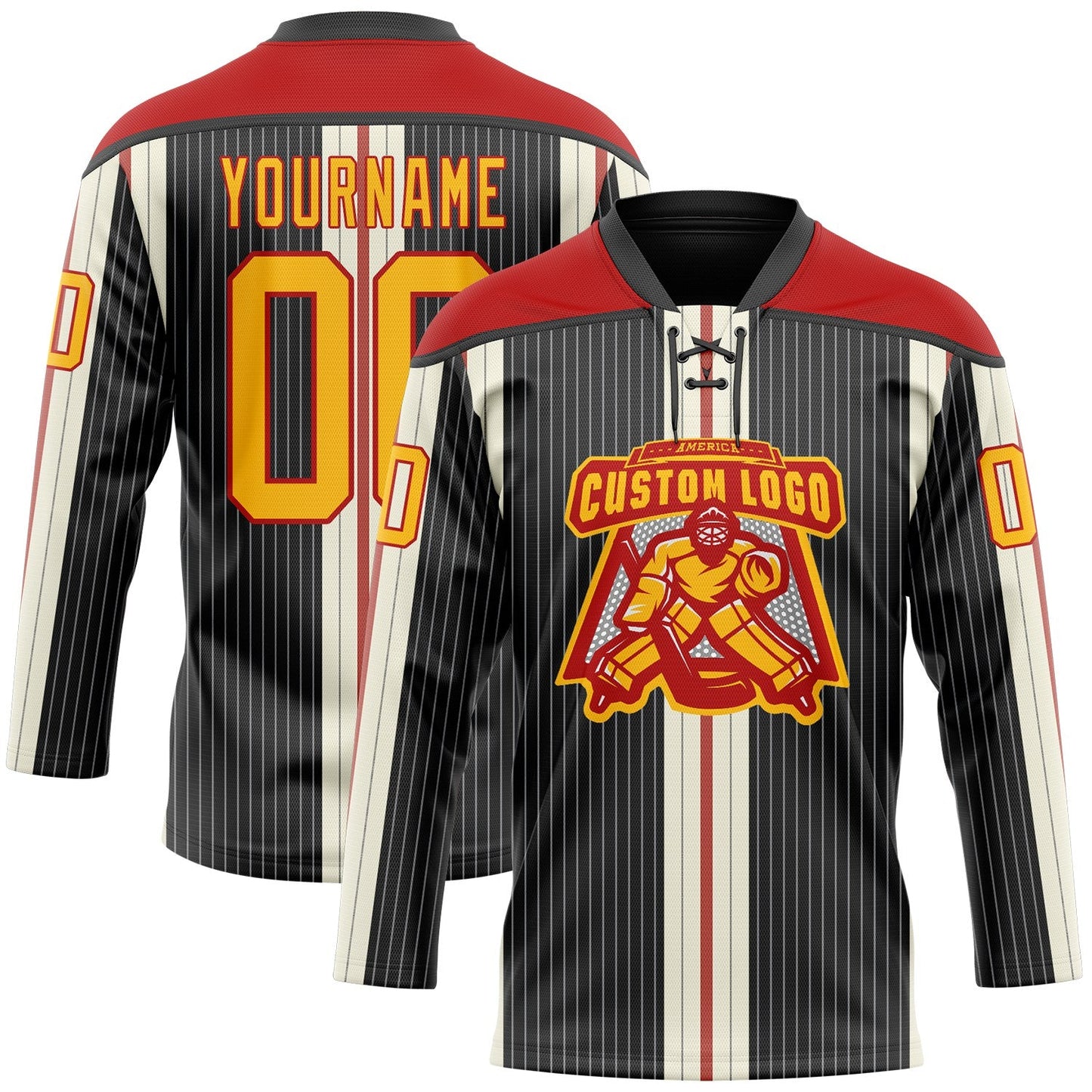 Custom Black Gold Cream-Red Stripe Hockey Lace Neck Jersey view 2