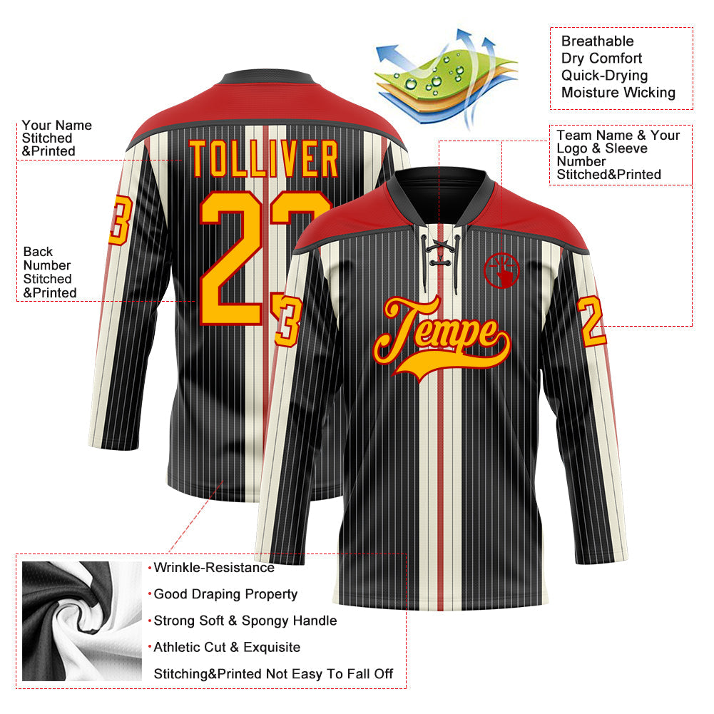 Custom Black Gold Cream-Red Stripe Hockey Lace Neck Jersey view 5