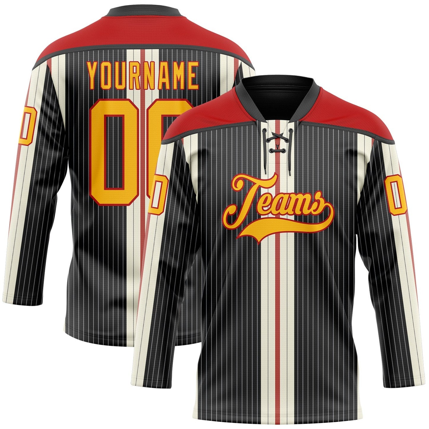 Custom Black Gold Cream-Red Stripe Hockey Lace Neck Jersey - Main View