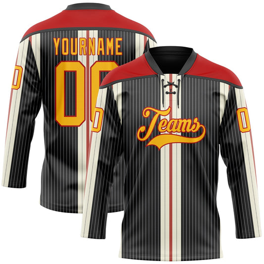 Custom Black Gold Cream-Red Stripe Hockey Lace Neck Jersey - Main View