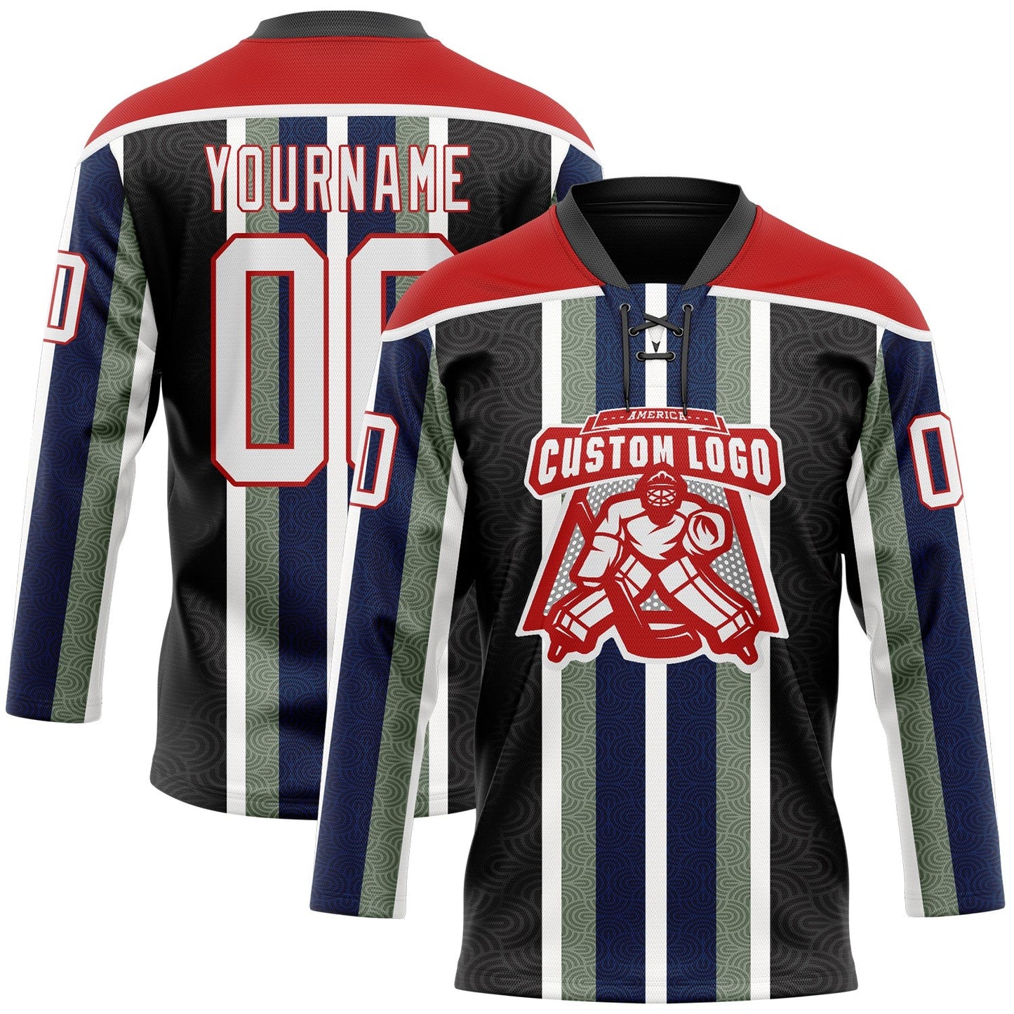 Custom Black White Green Navy-Red Stripe Hockey Lace Neck Jersey view 2