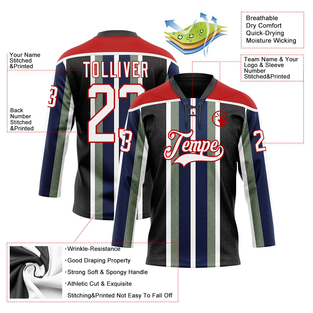 Custom Black White Green Navy-Red Stripe Hockey Lace Neck Jersey view 5