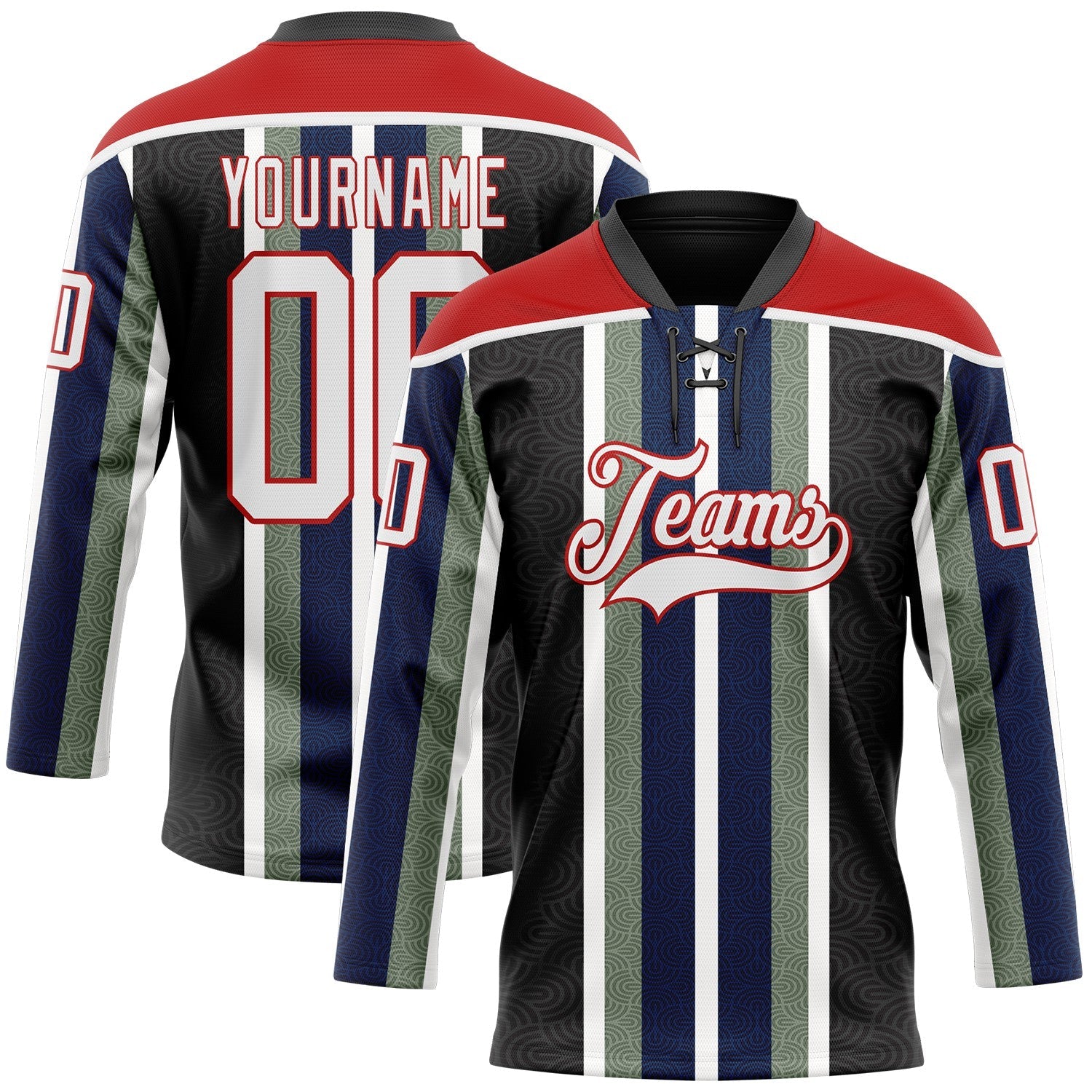Custom Black White Green Navy-Red Stripe Hockey Lace Neck Jersey - Main View