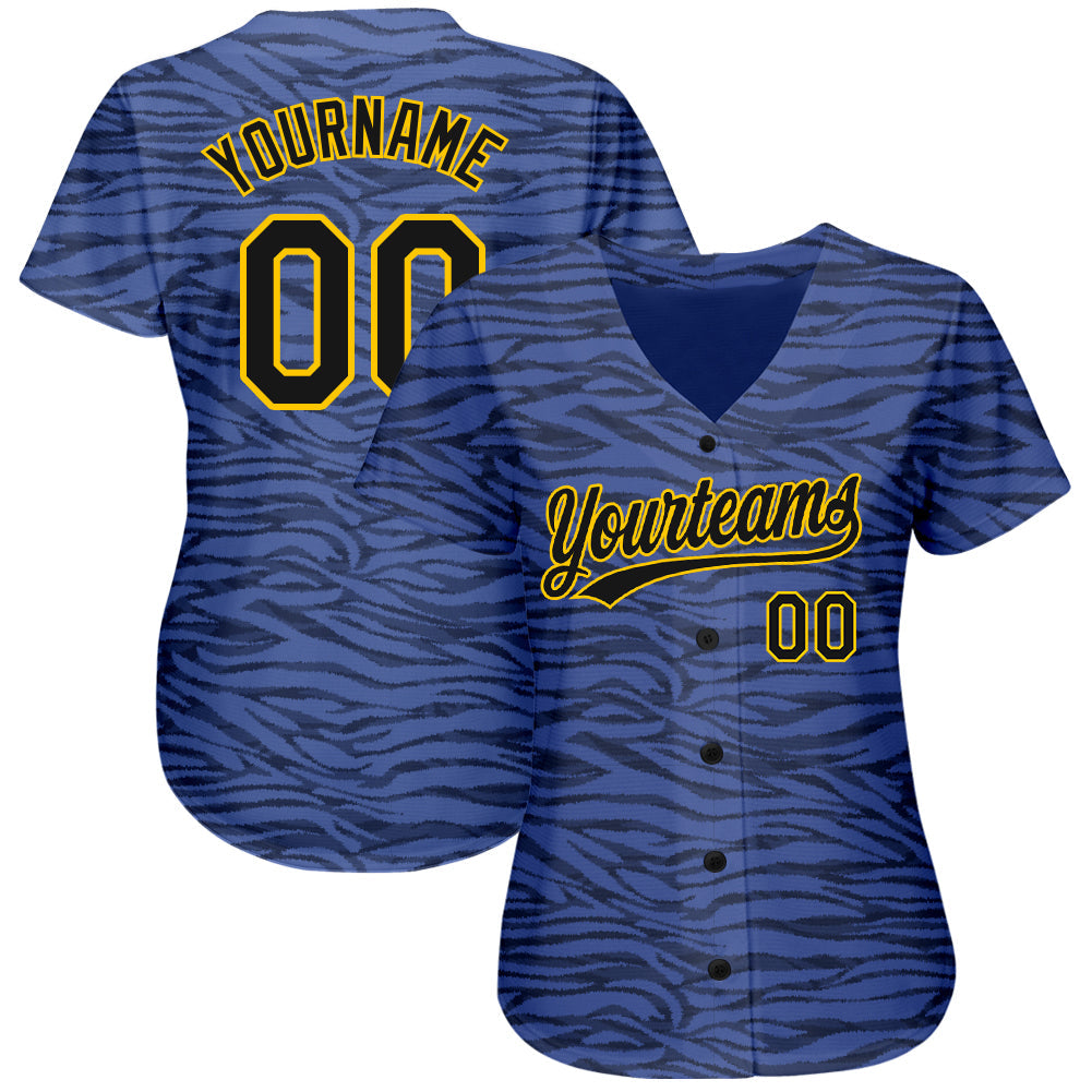 Custom Light Blue Black-Gold 3D Pattern Design Authentic Baseball Jersey view 2