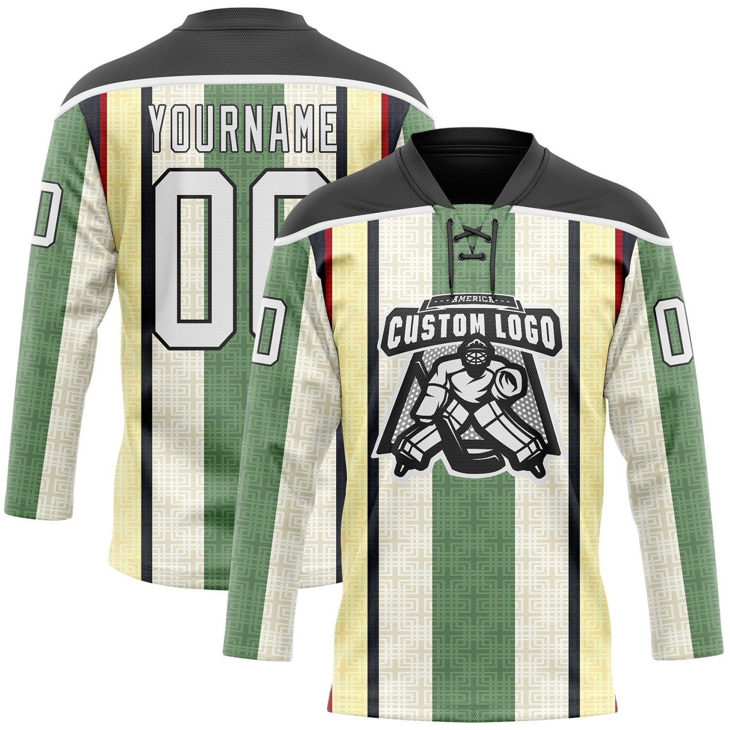 Custom Green White Cream Black-Red Stripe Hockey Lace Neck Jersey view 2