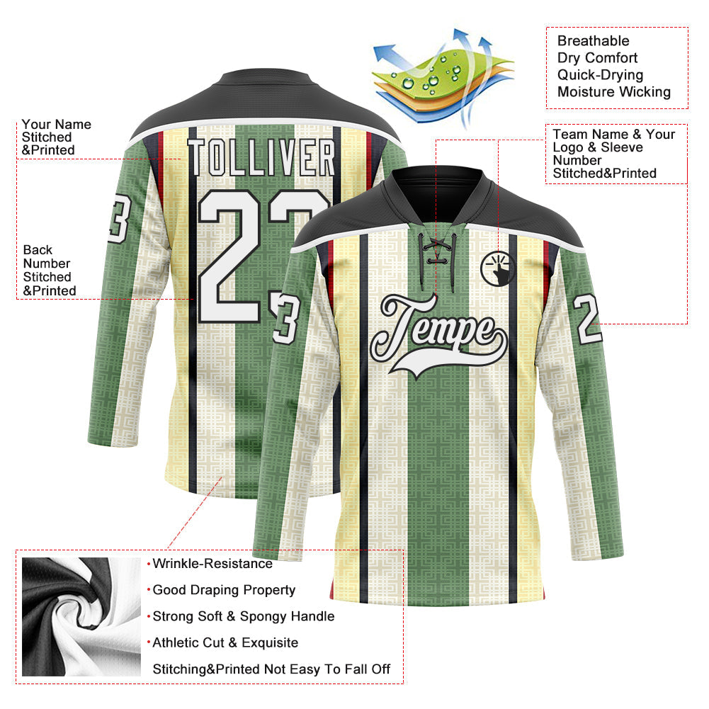 Custom Green White Cream Black-Red Stripe Hockey Lace Neck Jersey view 5