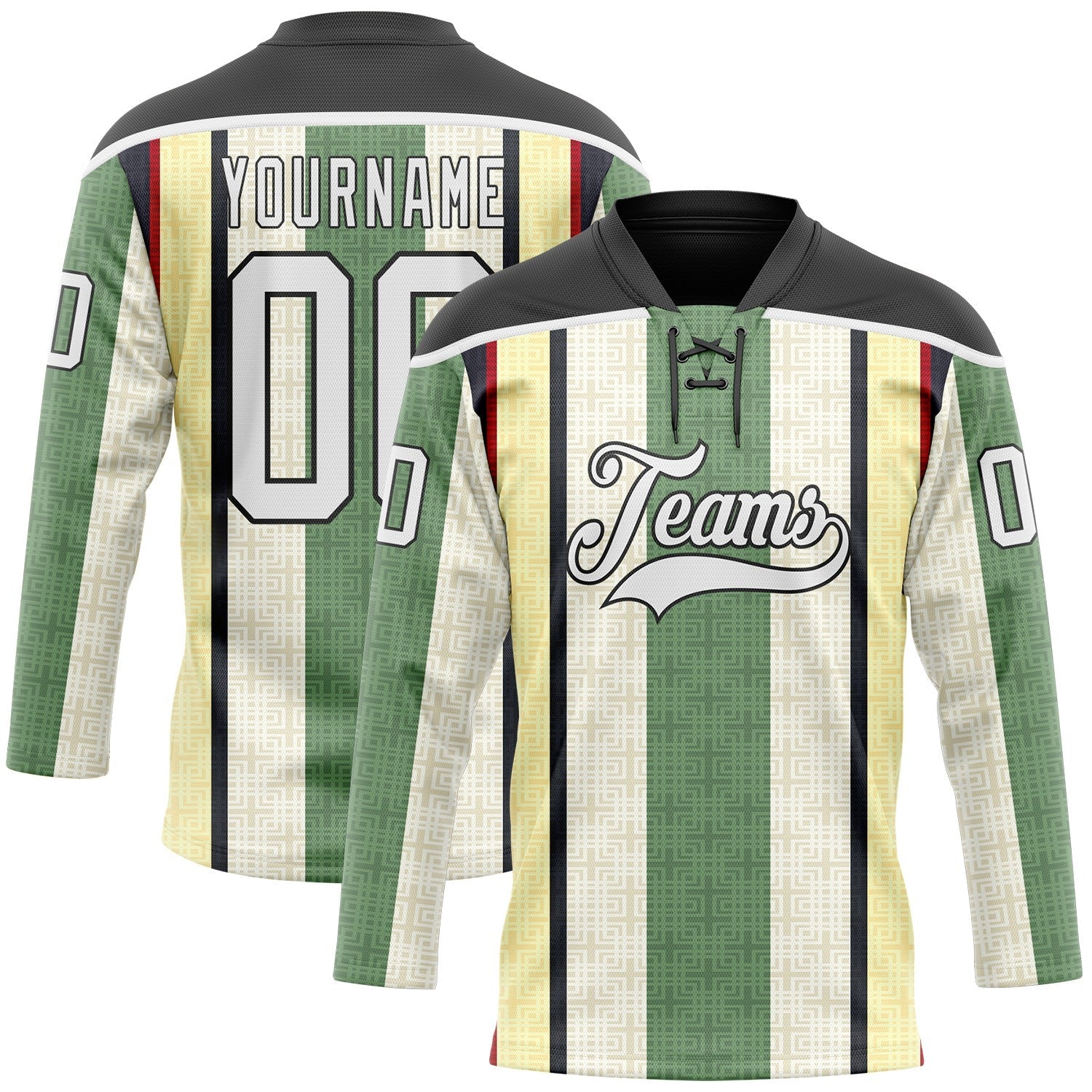 Custom Green White Cream Black-Red Stripe Hockey Lace Neck Jersey - Main View