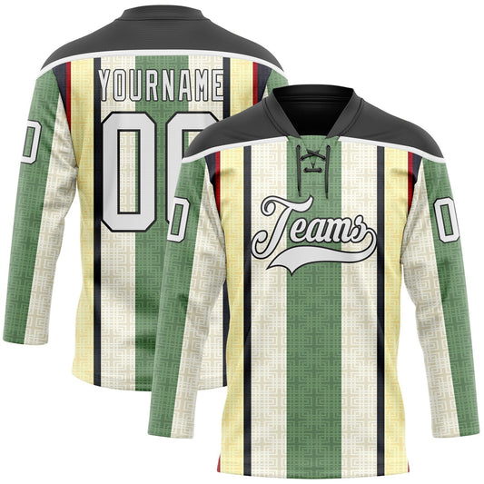 Custom Green White Cream Black-Red Stripe Hockey Lace Neck Jersey - Main View