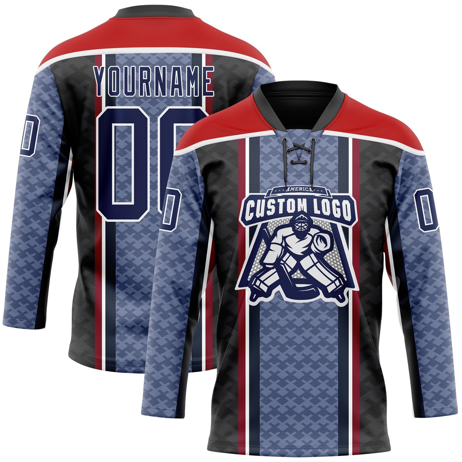Custom Blue Navy Black Red-White Stripe Hockey Lace Neck Jersey view 2