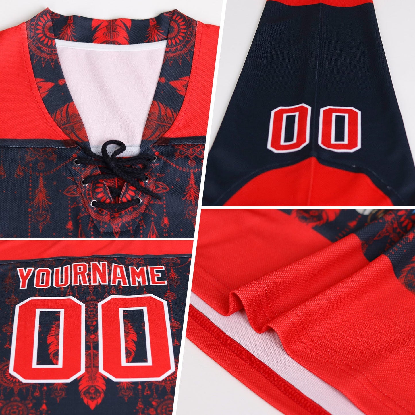 Custom Blue Navy Black Red-White Stripe Hockey Lace Neck Jersey view 3