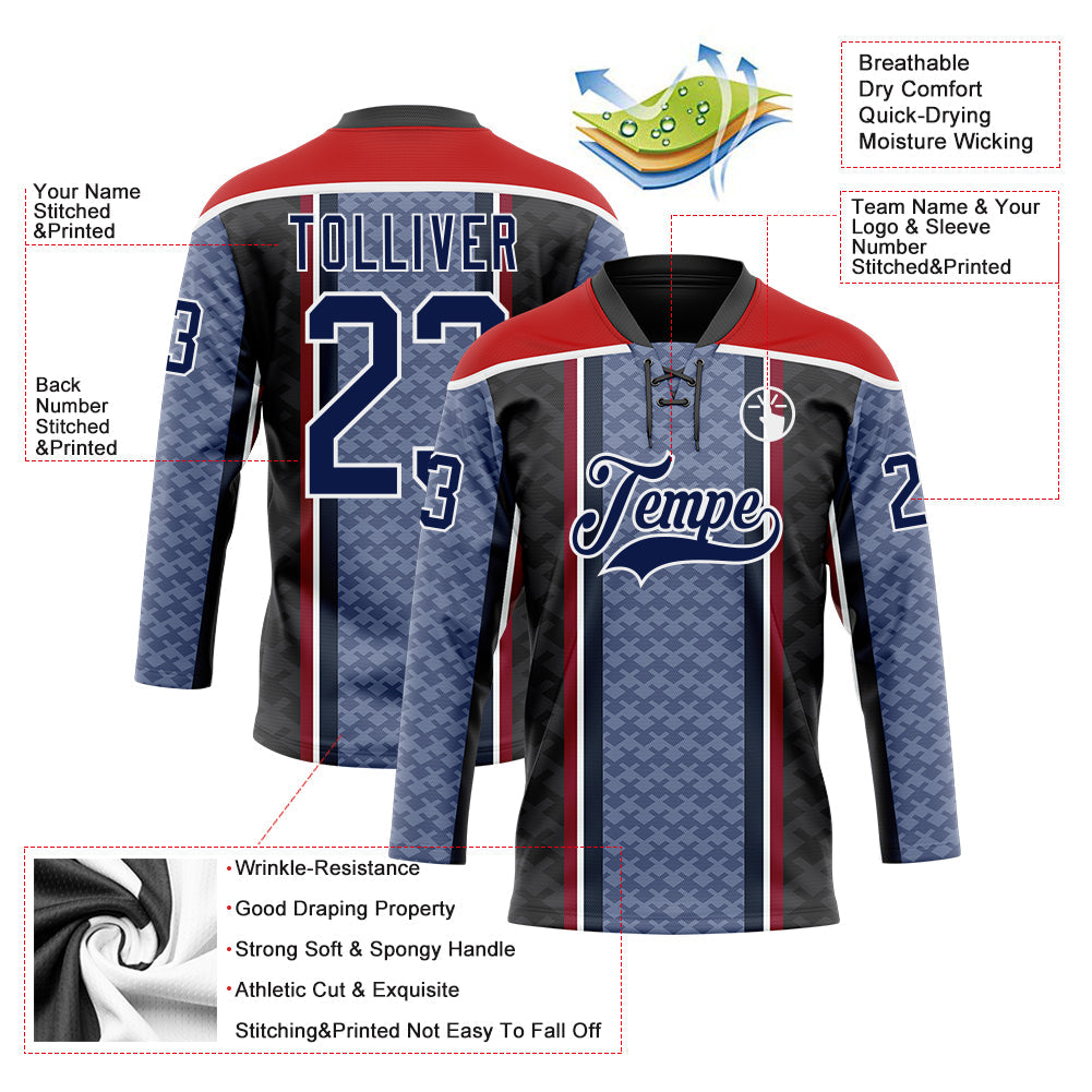 Custom Blue Navy Black Red-White Stripe Hockey Lace Neck Jersey view 5