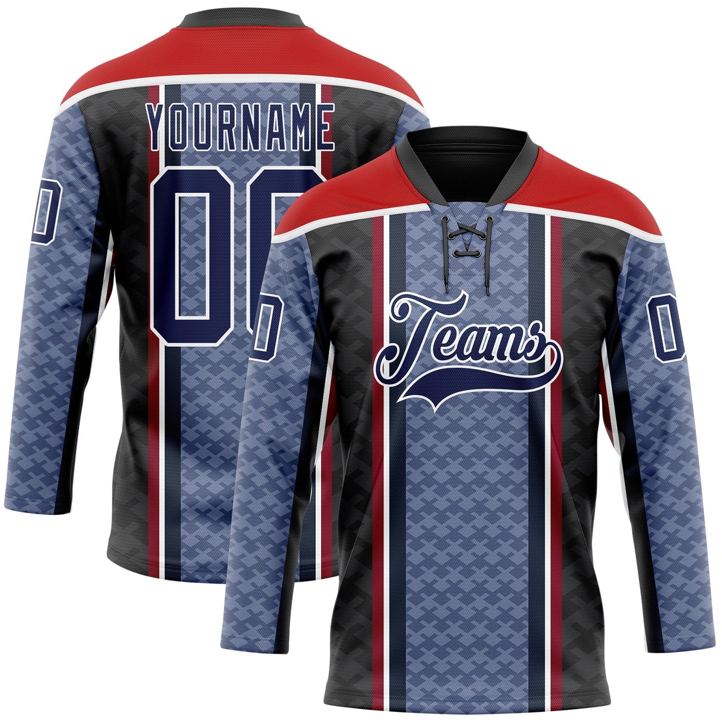 Custom Blue Navy Black Red-White Stripe Hockey Lace Neck Jersey - Main View