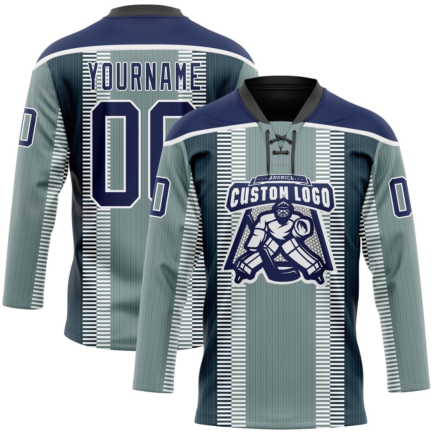 Custom Green Navy Black-White Stripe Hockey Lace Neck Jersey view 2