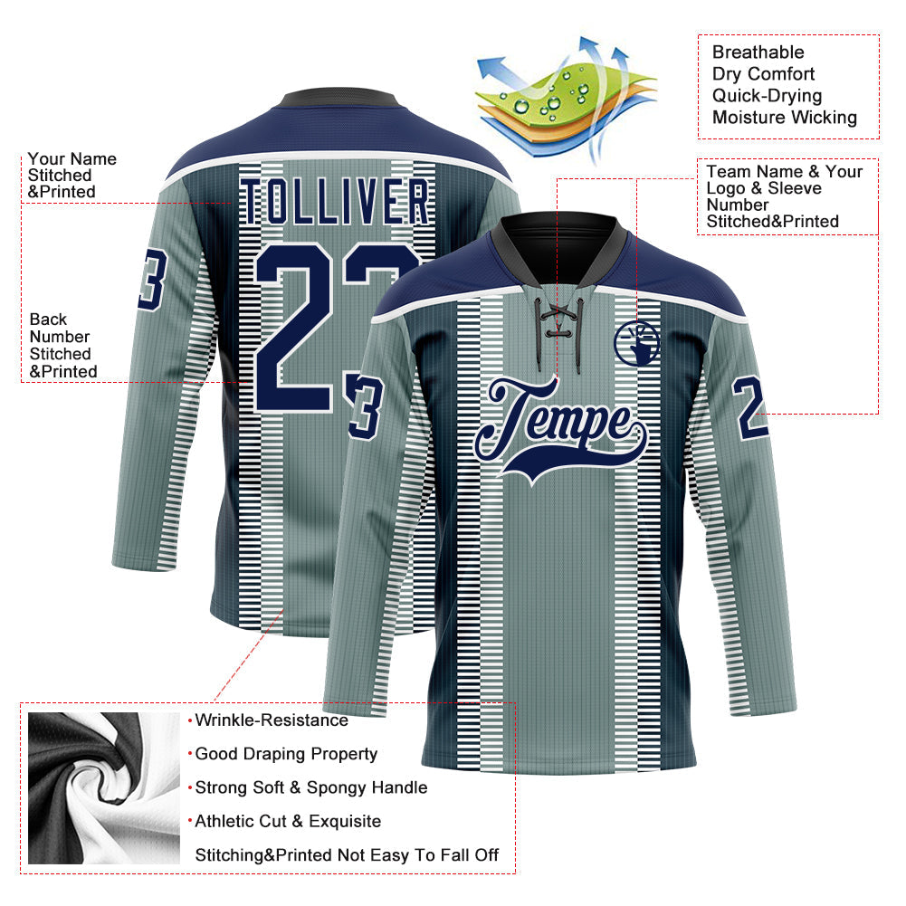 Custom Green Navy Black-White Stripe Hockey Lace Neck Jersey view 5