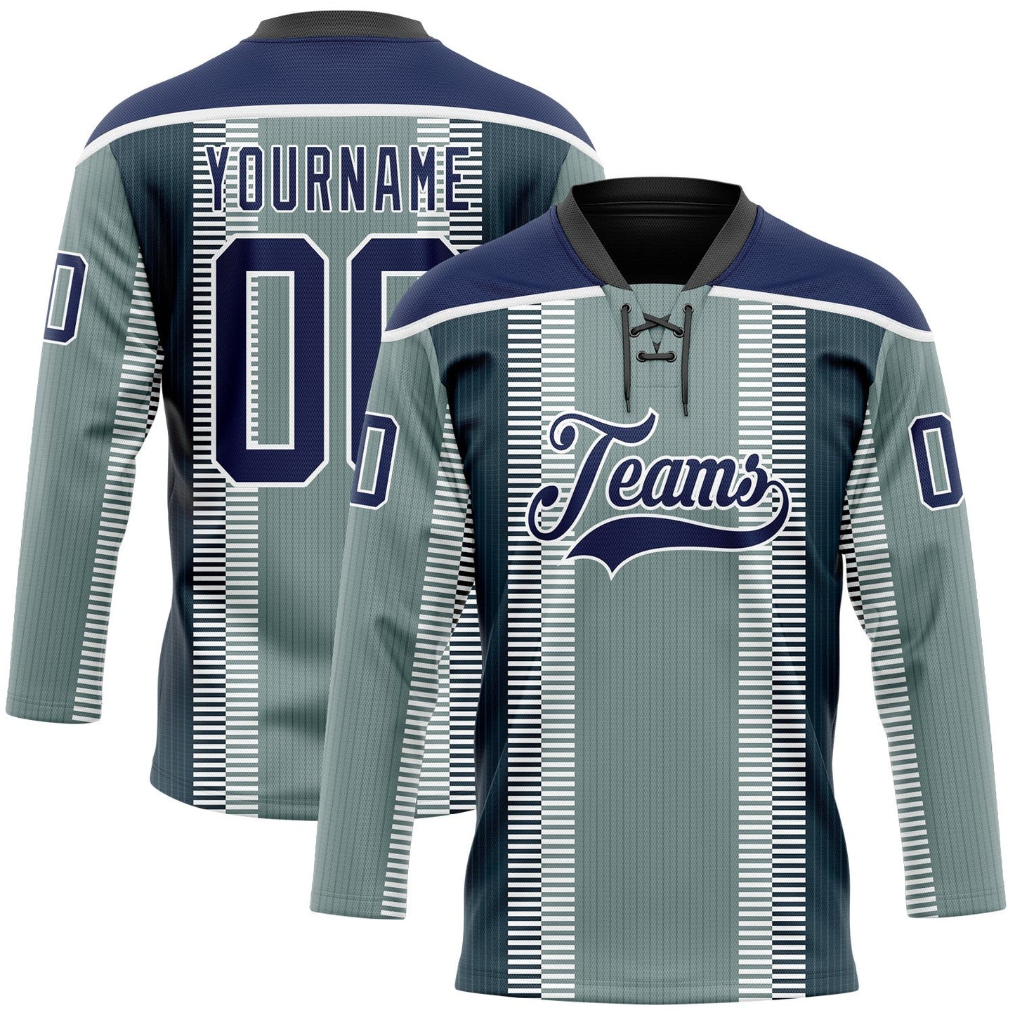 Custom Green Navy Black-White Stripe Hockey Lace Neck Jersey - Main View
