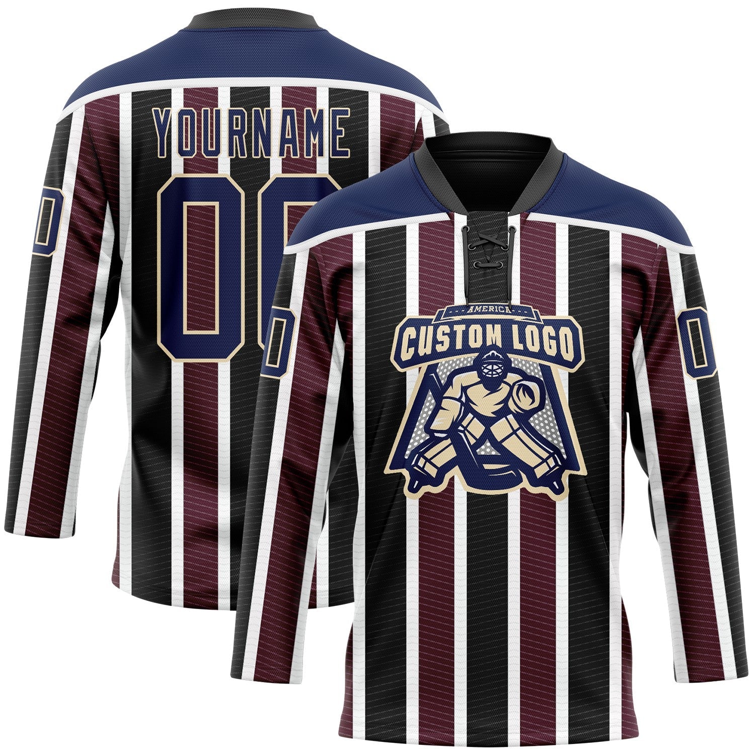 Custom Black Navy Red Cream-White Stripe Hockey Lace Neck Jersey view 2