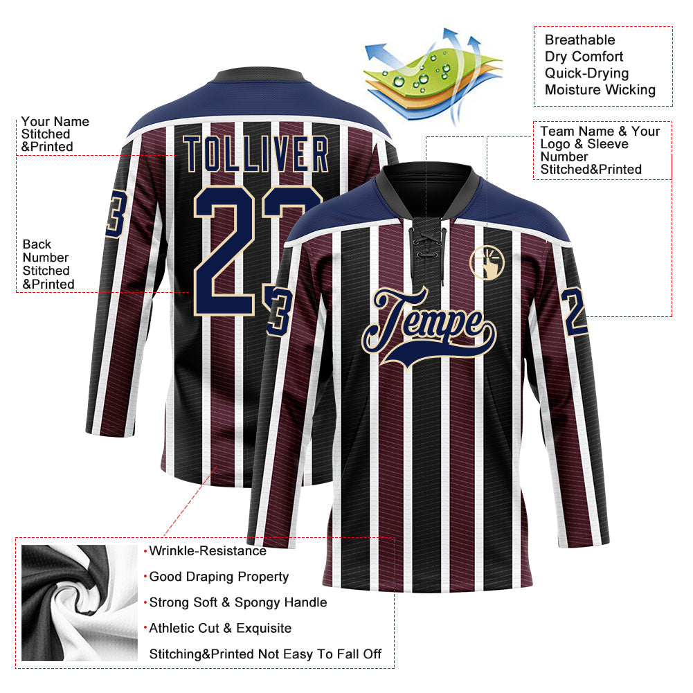 Custom Black Navy Red Cream-White Stripe Hockey Lace Neck Jersey view 5