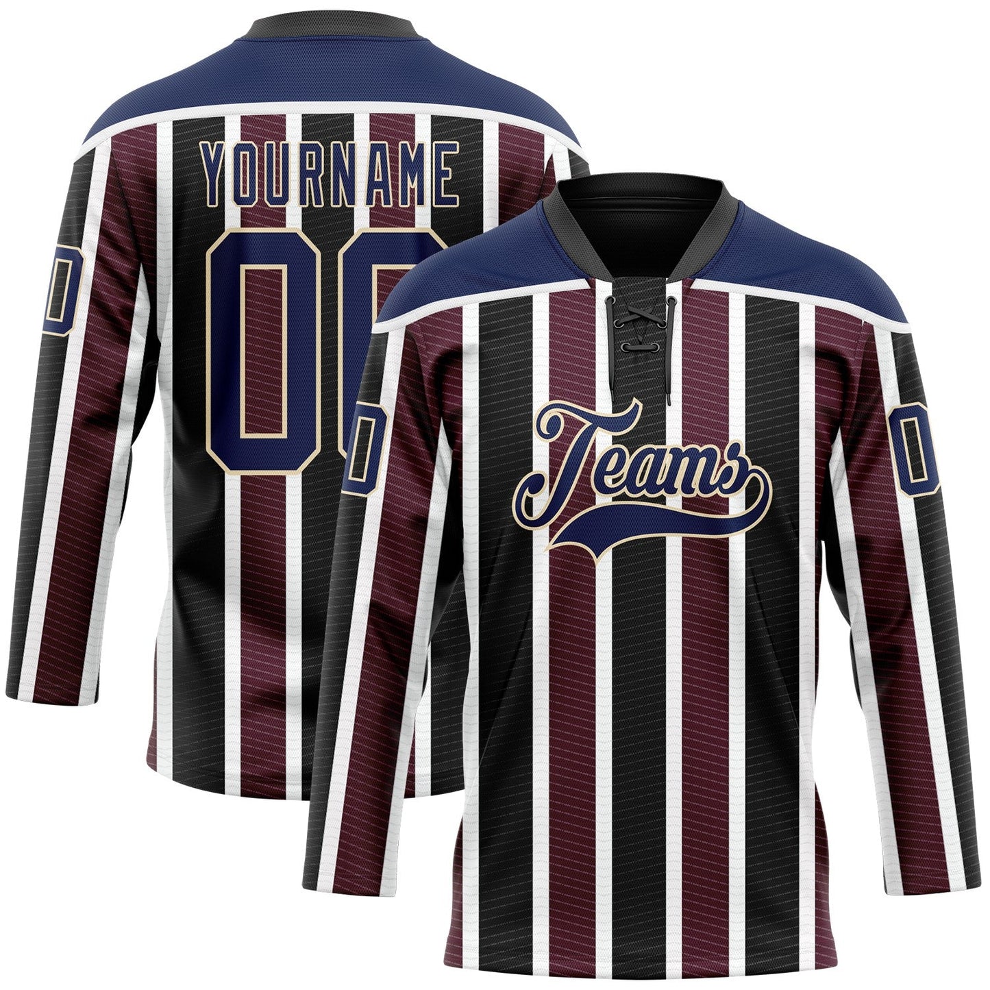 Custom Black Navy Red Cream-White Stripe Hockey Lace Neck Jersey - Main View