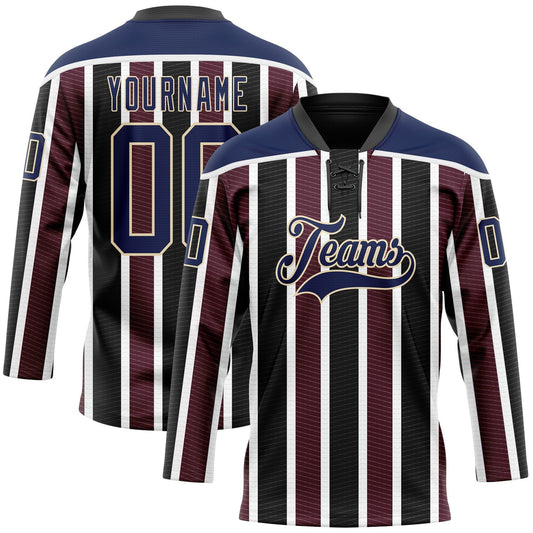 Custom Black Navy Red Cream-White Stripe Hockey Lace Neck Jersey - Main View