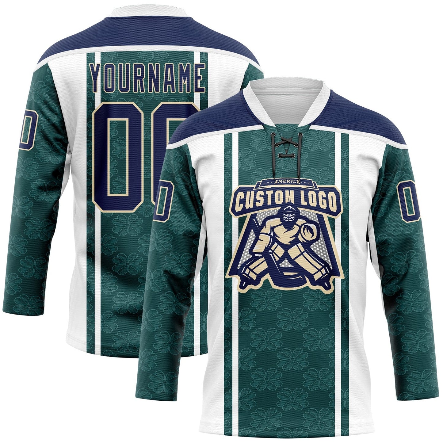 Custom Green Navy White-Cream Stripe Hockey Lace Neck Jersey view 2