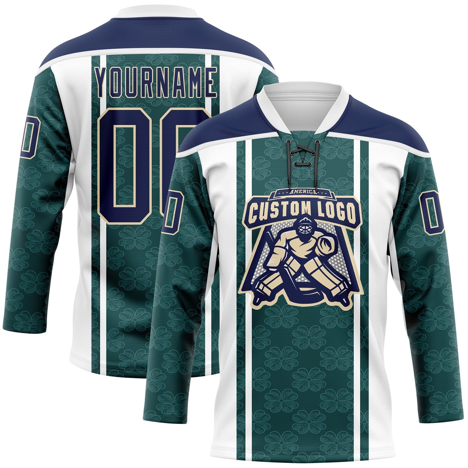 Custom Green Navy White-Cream Stripe Hockey Lace Neck Jersey view 2