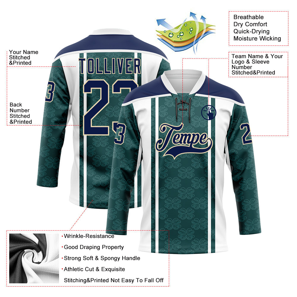 Custom Green Navy White-Cream Stripe Hockey Lace Neck Jersey view 5