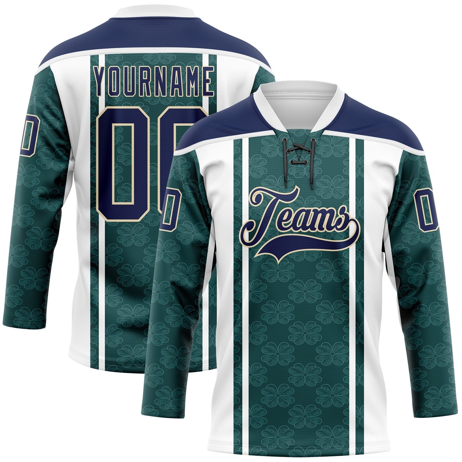 Custom Green Navy White-Cream Stripe Hockey Lace Neck Jersey - Main View