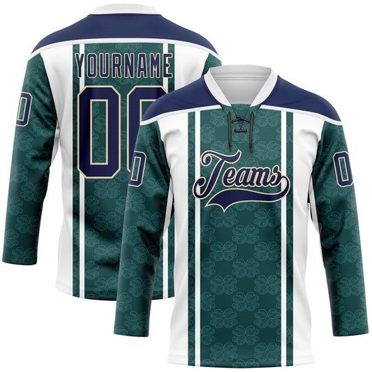 Custom Green Navy White-Cream Stripe Hockey Lace Neck Jersey - Main View