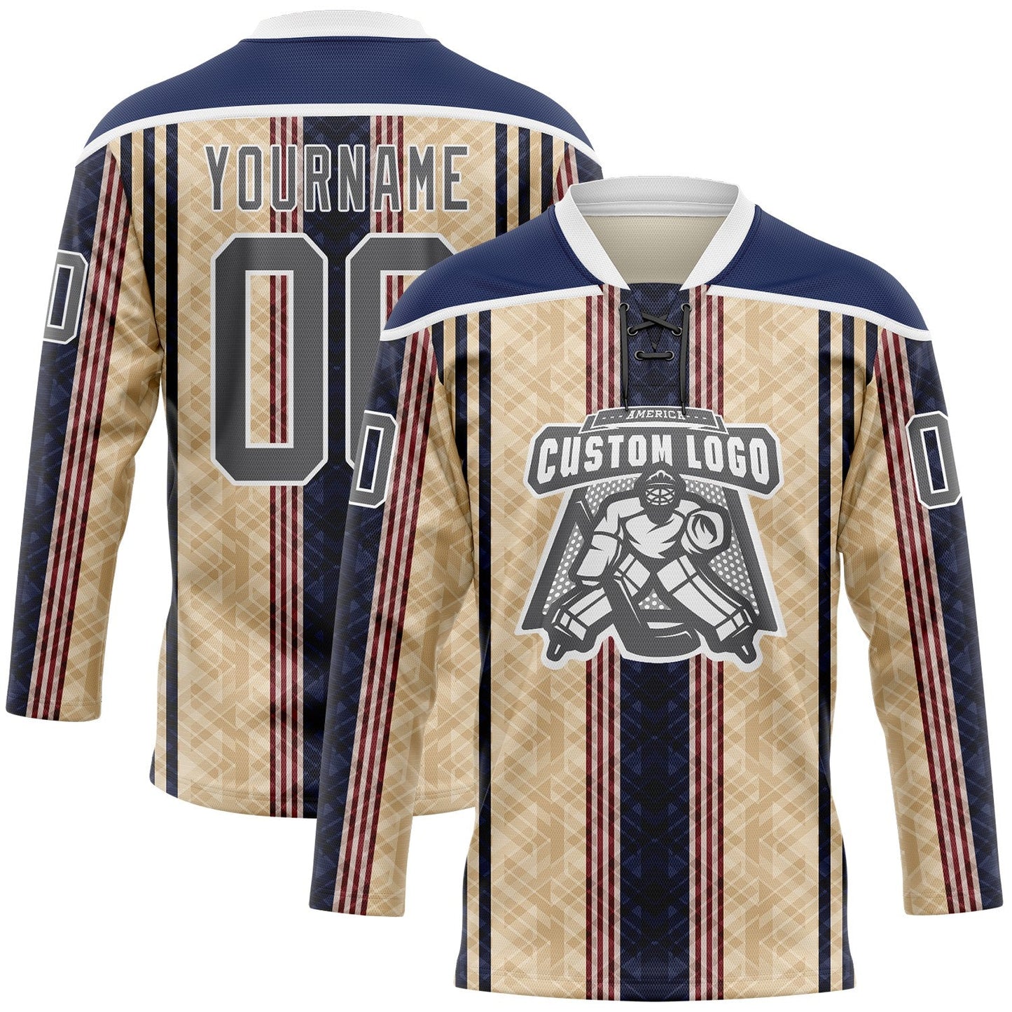 Custom Cream Steel Gray Red Navy-White Stripe Hockey Lace Neck Jersey view 2