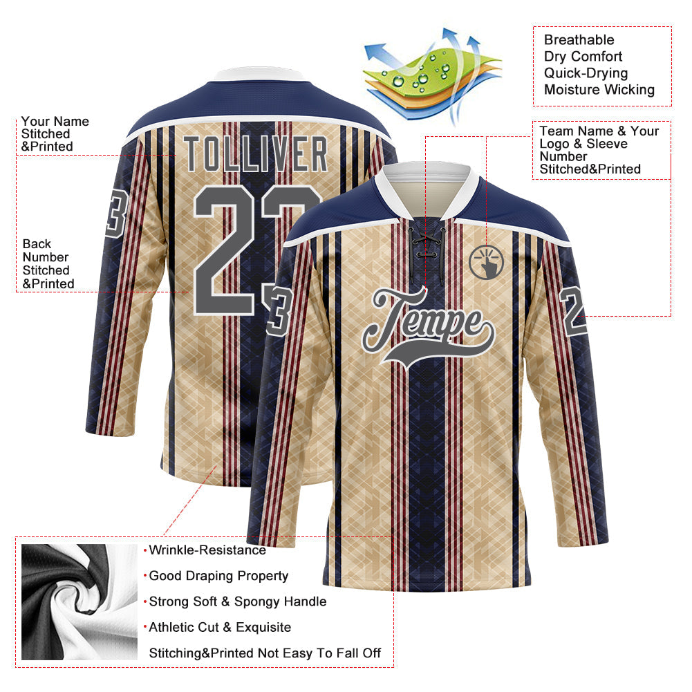 Custom Cream Steel Gray Red Navy-White Stripe Hockey Lace Neck Jersey view 5