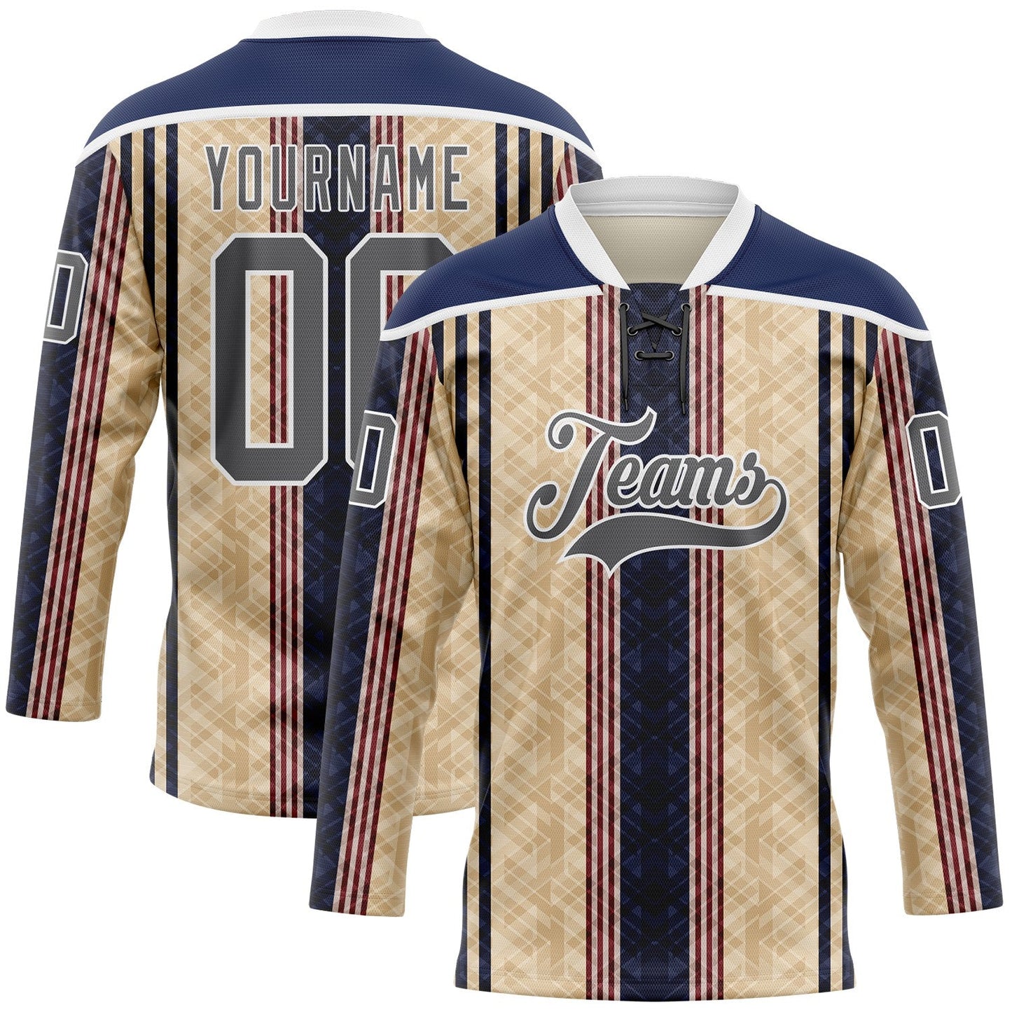 Custom Cream Steel Gray Red Navy-White Stripe Hockey Lace Neck Jersey - Main View