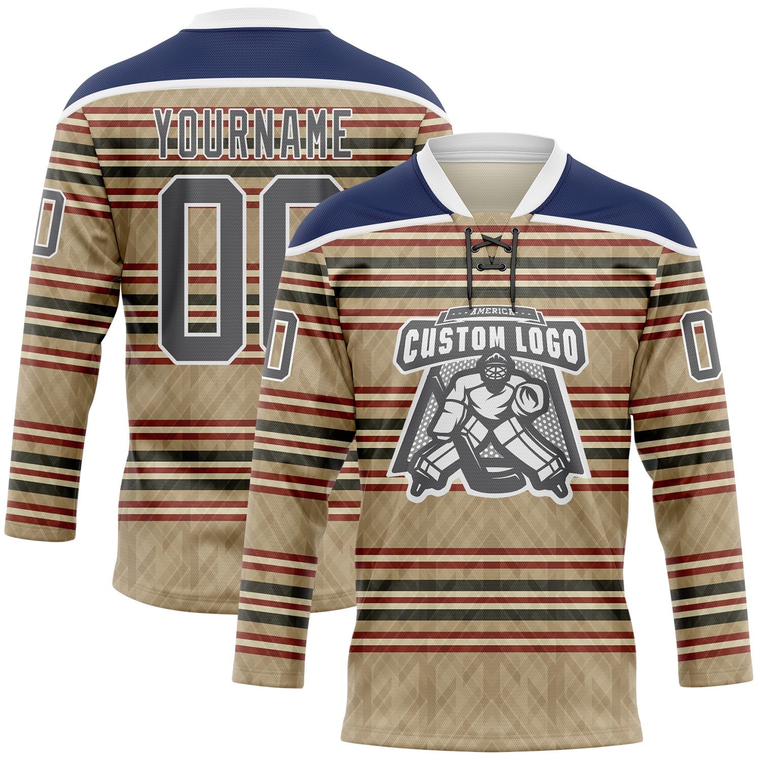 Custom Old Gold Steel Gray Red Cream-White Stripe Hockey Lace Neck Jersey view 2