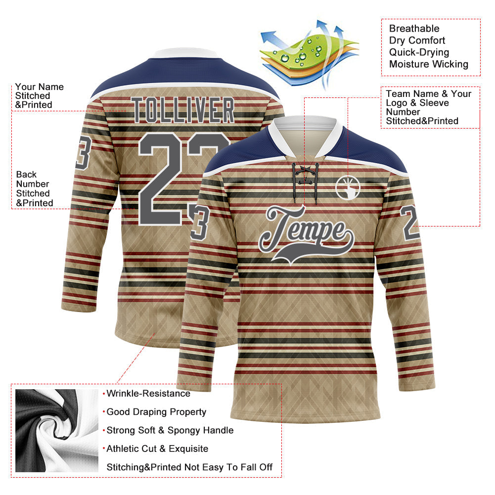 Custom Old Gold Steel Gray Red Cream-White Stripe Hockey Lace Neck Jersey view 5