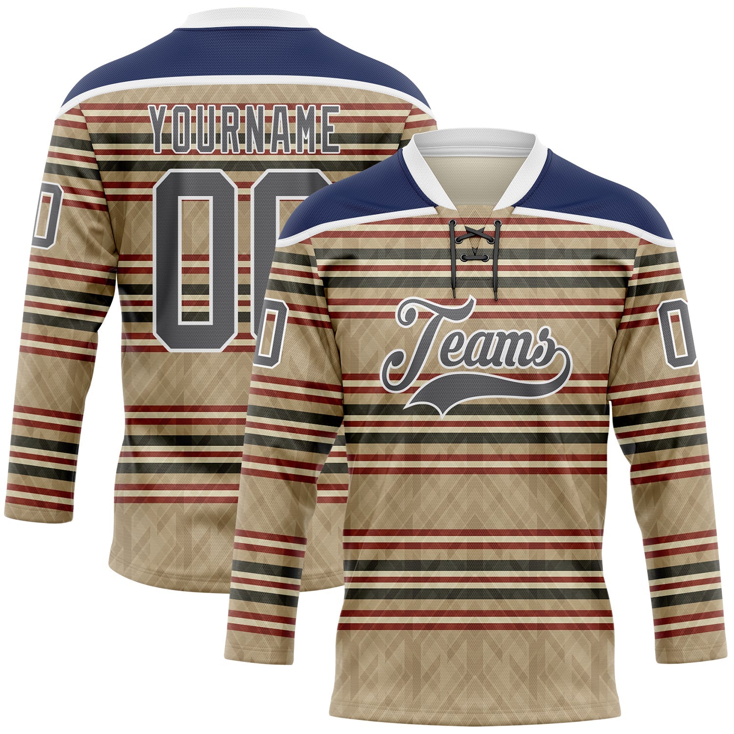 Custom Old Gold Steel Gray Red Cream-White Stripe Hockey Lace Neck Jersey - Main View