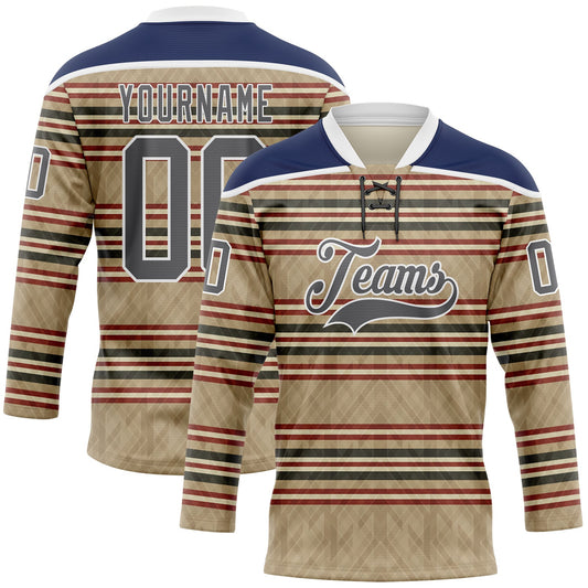 Custom Old Gold Steel Gray Red Cream-White Stripe Hockey Lace Neck Jersey - Main View