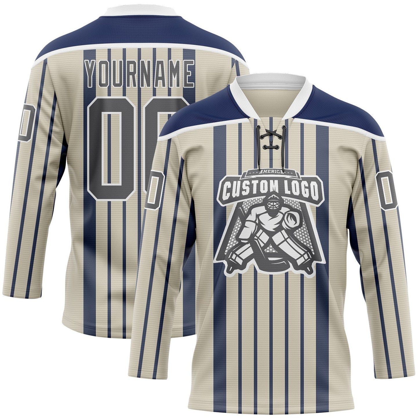 Custom Cream Steel Gray Navy-White Stripe Hockey Lace Neck Jersey view 2