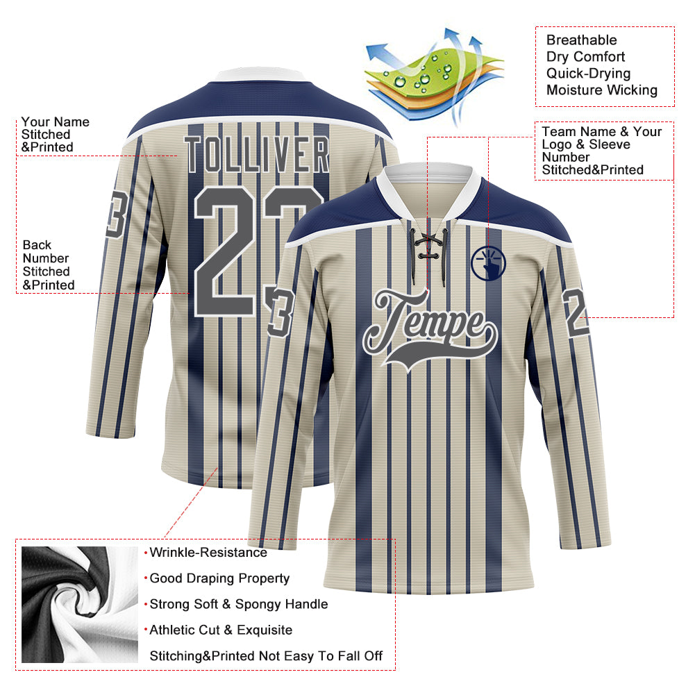 Custom Cream Steel Gray Navy-White Stripe Hockey Lace Neck Jersey view 5