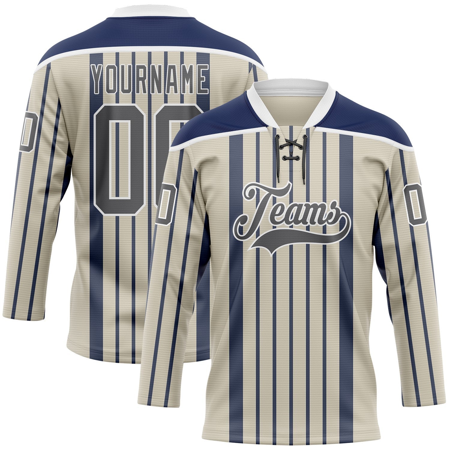 Custom Cream Steel Gray Navy-White Stripe Hockey Lace Neck Jersey - Main View