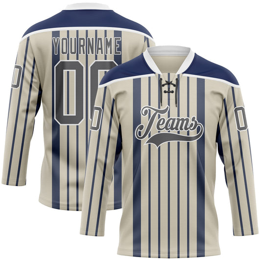 Custom Cream Steel Gray Navy-White Stripe Hockey Lace Neck Jersey - Main View