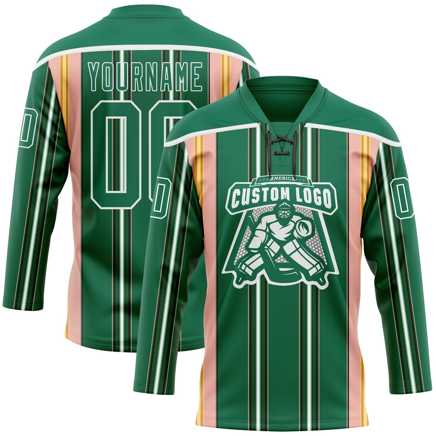 Custom Kelly Green Pink Yellow Black-White Stripe Hockey Lace Neck Jersey view 2