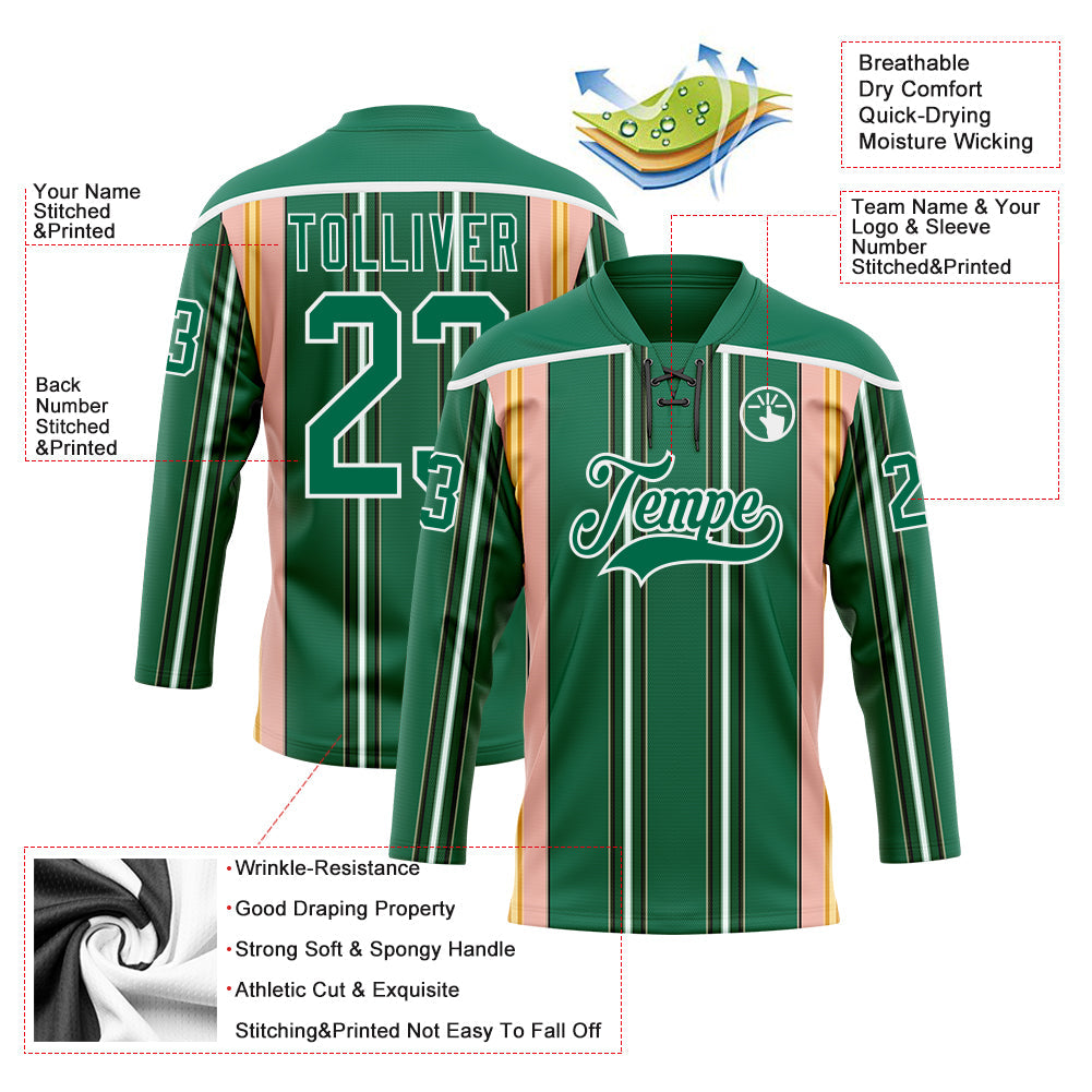 Custom Kelly Green Pink Yellow Black-White Stripe Hockey Lace Neck Jersey view 5