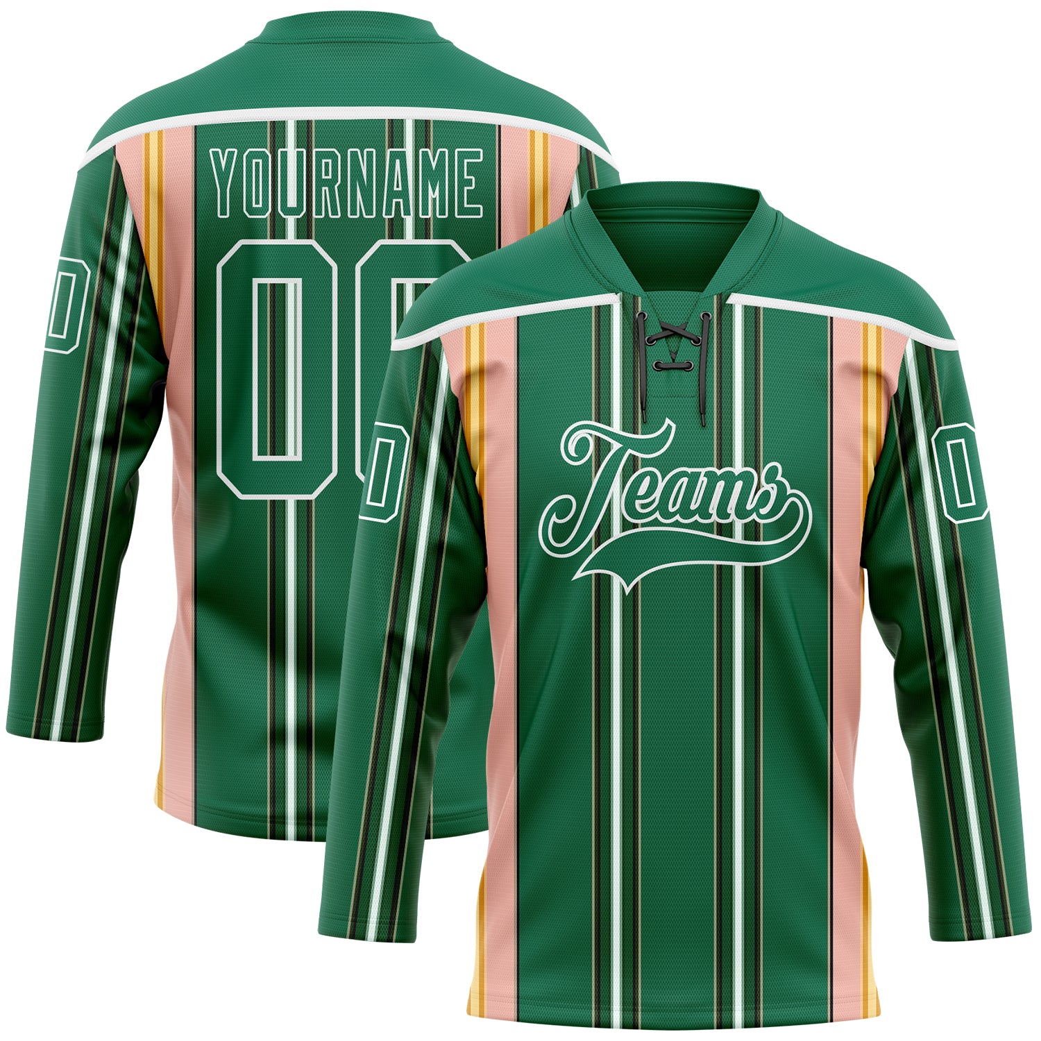Custom Kelly Green Pink Yellow Black-White Stripe Hockey Lace Neck Jersey - Main View