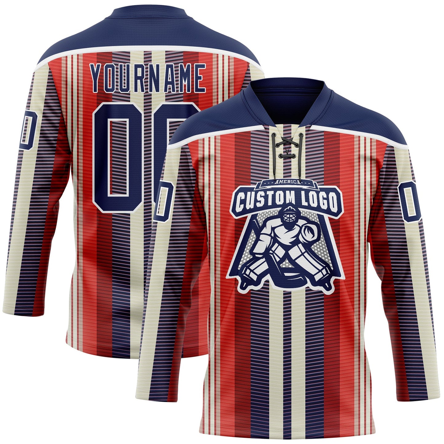 Custom Red Navy Cream-White Stripe Hockey Lace Neck Jersey view 2