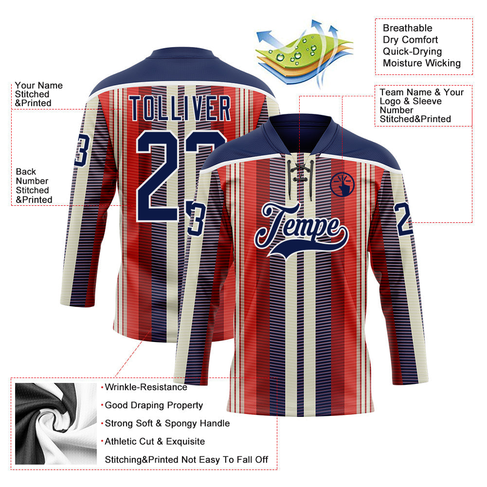 Custom Red Navy Cream-White Stripe Hockey Lace Neck Jersey view 5