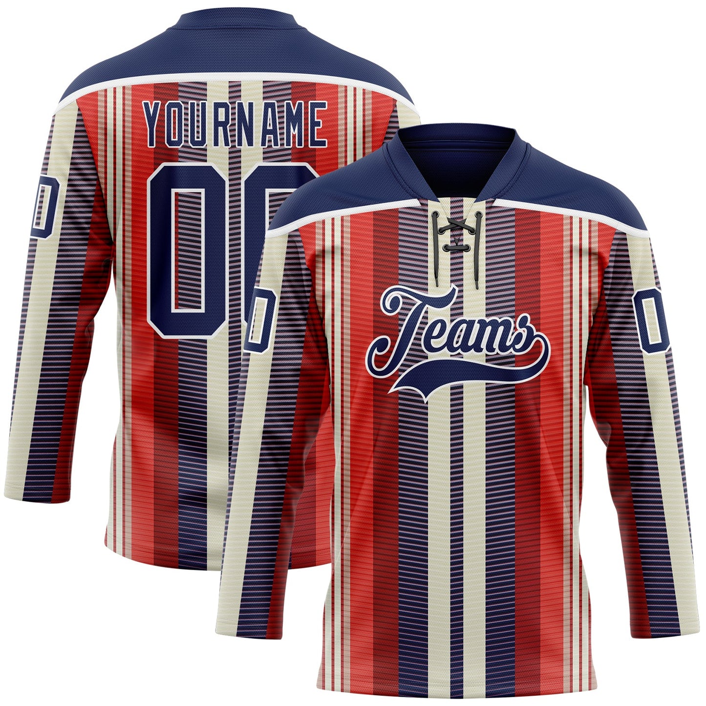 Custom Red Navy Cream-White Stripe Hockey Lace Neck Jersey - Main View