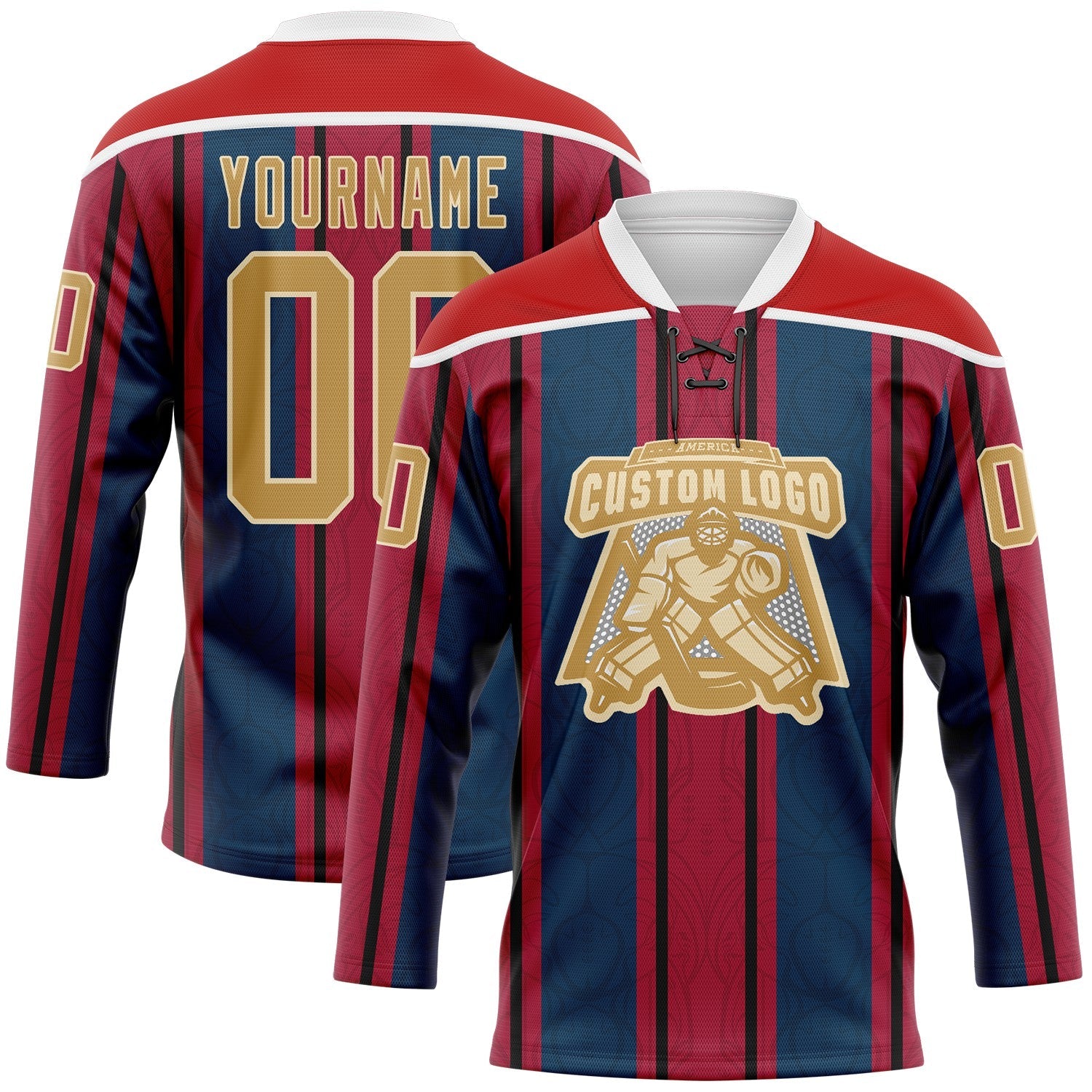 Custom Red Old Gold Navy White-Cream Stripe Hockey Lace Neck Jersey view 2