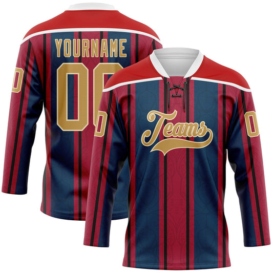 Custom Red Old Gold Navy White-Cream Stripe Hockey Lace Neck Jersey - Main View