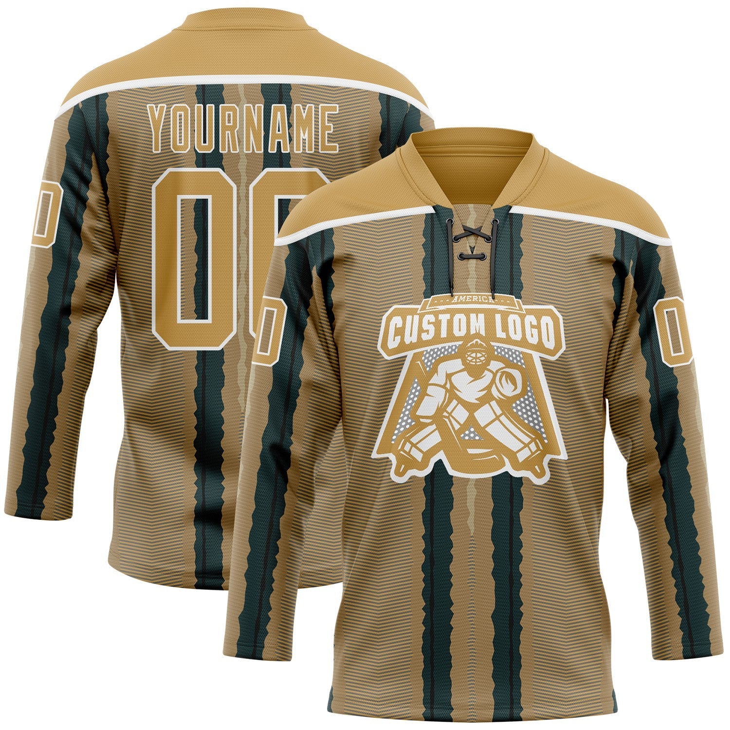 Custom Old Gold Green Black-White Stripe Hockey Lace Neck Jersey view 2