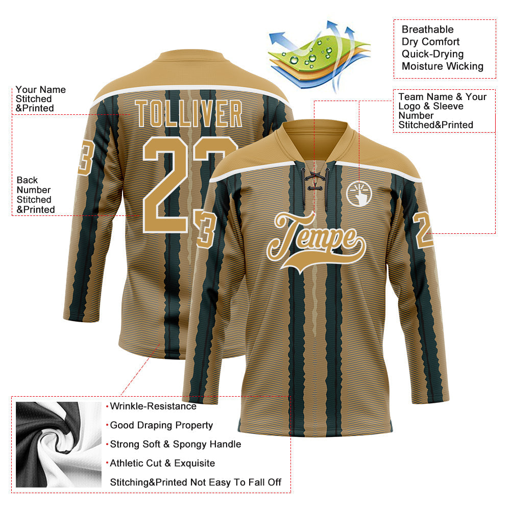 Custom Old Gold Green Black-White Stripe Hockey Lace Neck Jersey view 5