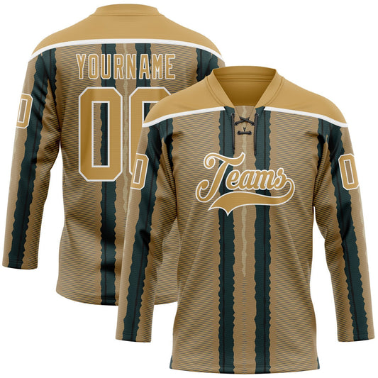 Custom Old Gold Green Black-White Stripe Hockey Lace Neck Jersey - Main View